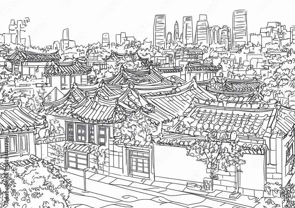 Fototapeta premium VUE AÉRIENNE D'UN PAYSAGE URBAIN TRADITIONNEL ASIATIQUE EN NOIR ET BLANC