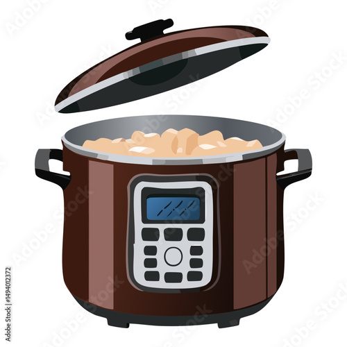 brown electric pressure cooker releasing steam with open lid - vector illustration