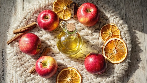 Top view of a glass bottle filled with golden apple oil, surrounded by red apples, dried orange slices, and cinnamon sticks on a cozy knitted blanket, creating a warm, rustic, and seasonal atmosphere.