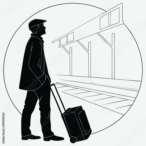 A man with a suitcase at a train station image silhouette design vector art and illustration