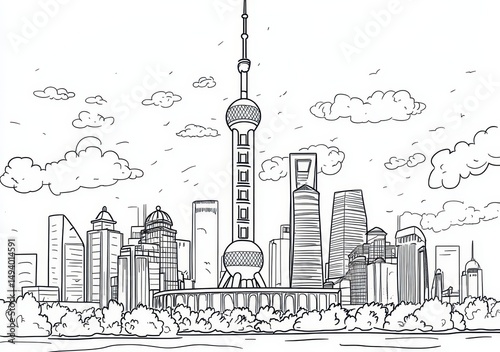 SKYLINE DE SHANGHAI, CROQUIS MONOCHROME