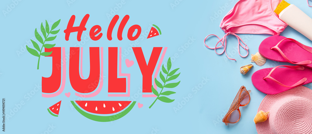 Obraz premium Composition with female beach accessories and seashells on color background