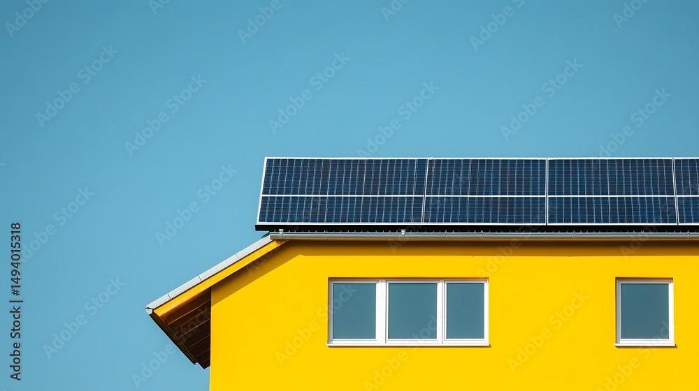 Fototapeta premium Yellow House with Solar Panels on Roof, Sustainable Energy Home