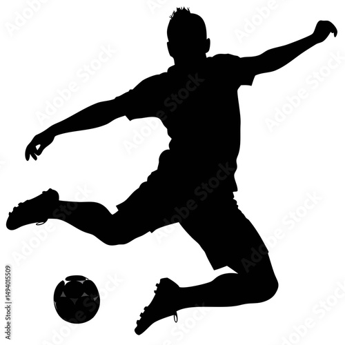 Silhouette of a Soccer Player Performing a Kick in Mid-Air Against a Plain Background