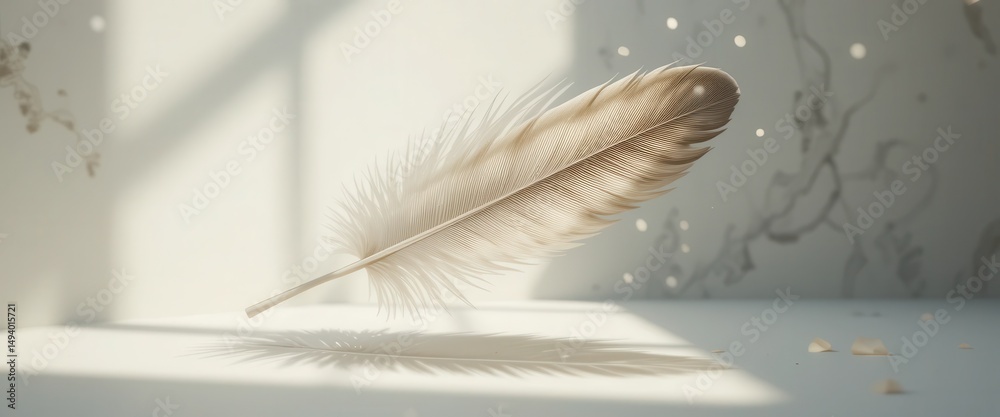 Naklejka premium Elegant Feather in Soft Natural Light on a Minimalist Background with Shadow Play and Inviting Softness