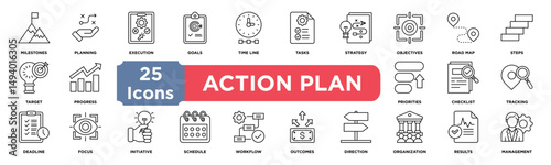 Action Plan icon collection set. Containing inflow,outflow,revenue,expenses,liquidity,profit,loss,tracking,budget,forecasting,statement icon. Simple line vector.