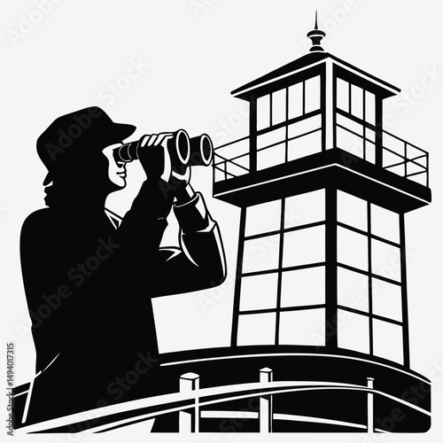 A person holding binoculars at a lookout  image silhouette design vector art and illustration