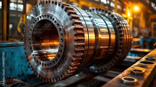 Large machined metal part, cogged edges, in a factory