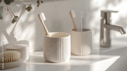Bathroom serenity Toothbrushes in sunlit cups