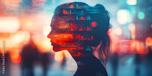 Double Exposure of Woman's Silhouette with Urban Cityscape, Creative Portrait Combining Female Profile and City Lights, Artistic Double Exposure of Woman and Nighttime City View

