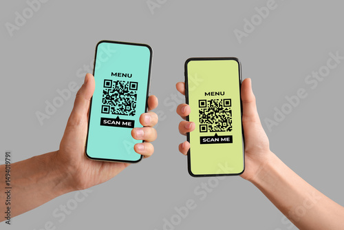 Couple holding blank mobile...