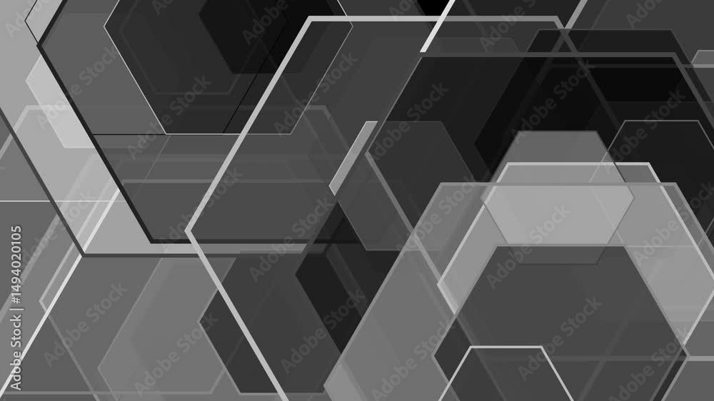 symmetrical hexagonal forms on the left and right sides of the screen. Each hexagon is filled with semi-transparent grayscale colors and animated with harmonious multidirectional drift.