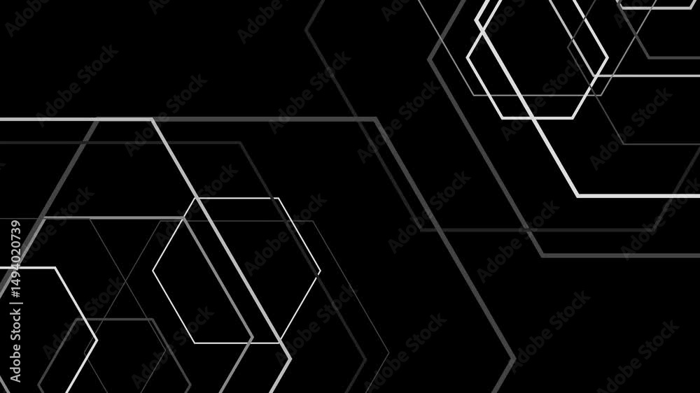 large nested hexagons with elegant grayscale outlines. The hexagons gently drift vertically in a harmonious diagonal pattern, positioned on the top right and bottom left of the frame. 