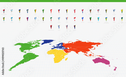 Pennant Flags of American Countries on a Colorful World Map. A vibrant collection of triangular pennant flags