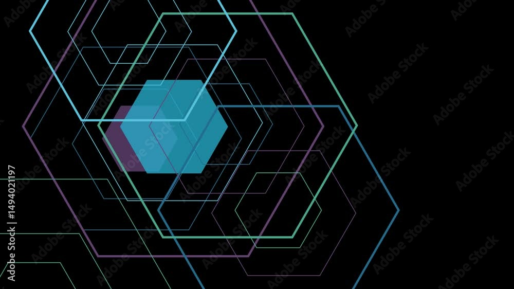 A swarm of layered hexagons in nested structures, dancing within each other in a smooth glowing motion across a dark blue night scene. 