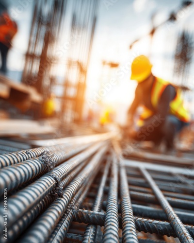 Construction worker at work on a building site with rebar in the foreground low angle view