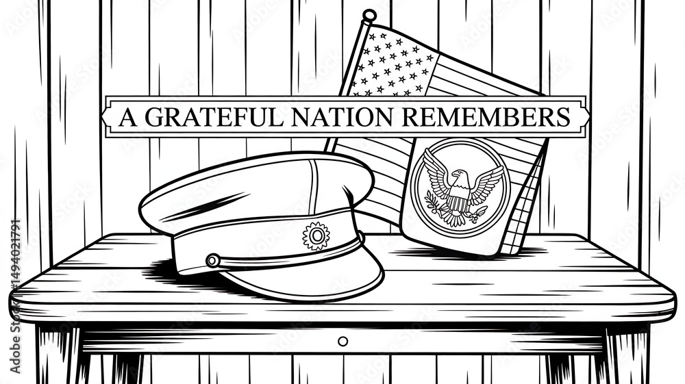 Naklejka premium Vintage school design illustration of old-fashioned desk and board with a retro frame sketch MEMORIAL DAY website banner header template created with generative ai 