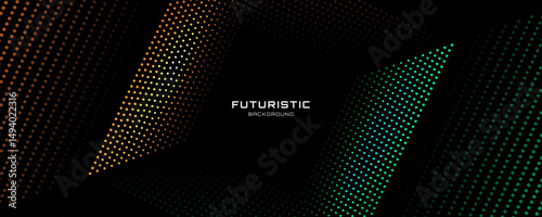 Orange green circles techno background. Dotted lines effect on dark space. Elegant banner with particle decoration. Modern graphic design element dots style concept for web, card, or brochure cover