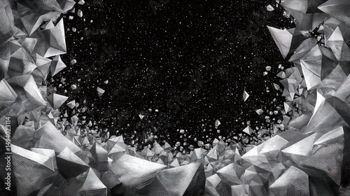 Abstract monochrome geometric shapes create dynamic, textured background with space in center