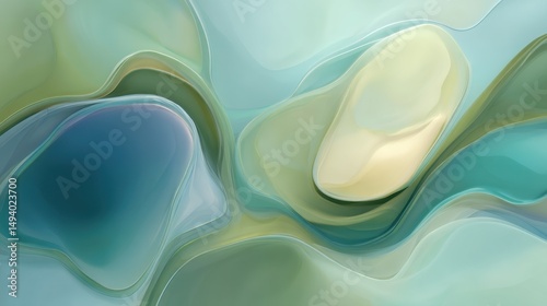 Fluid, organic shapes intertwine in a calming teal, green, and yellow abstract composition.