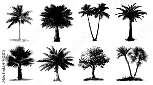 Collection of Palm Trees and Broadleaf Tree Silhouettes in Black and White Ink Drawing Style Isolated on White Background