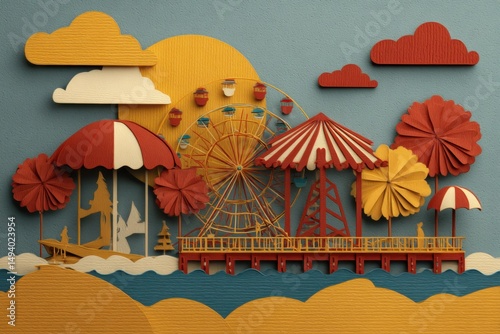 Paper Art Seaside Amusement Park Scene Featuring Ferris Wheel Pier and Beach in a Flat Lay Style