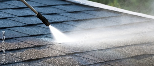 Close Up of Pressure Washing Asphalt Shingle Roof for Home Maintenance and Cleaning Services in Residential Area