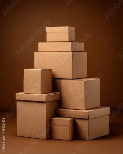 Stacked cardboard boxes on brown background studio shot close up of pile of shipping containers packaging and storage solution