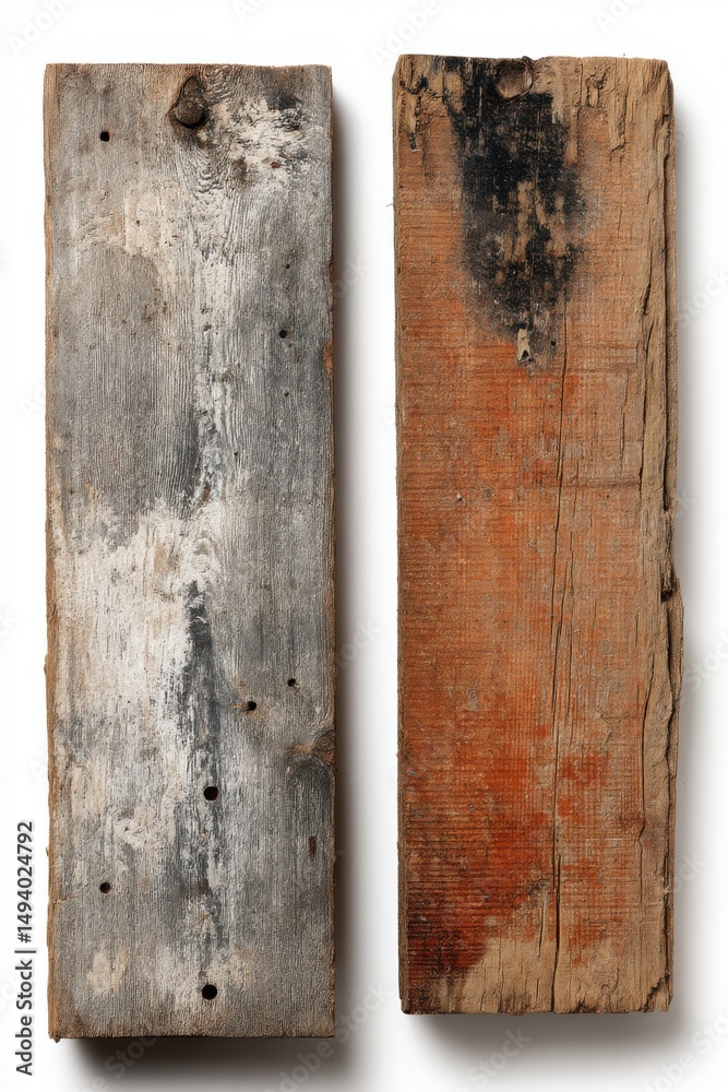 Two weathered wooden planks studio shot overhead perspective showing texture and aging on white background Two weathered wooden planks studio shot overhead perspective showing texture and aging on white background