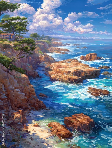Coastal Scenery Painting of Rocky Cliffs and Azure Ocean Waters with Cumulus Clouds Above in Daytime