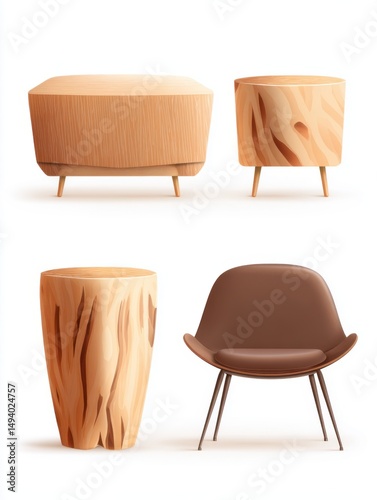 Interior design showcasing wooden tables and a brown chair on a white background studio shot furniture arrangement