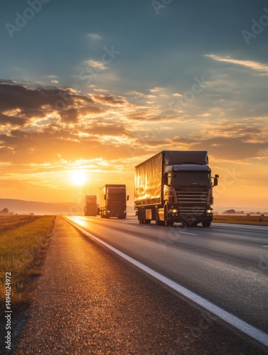 Trucks driving on highway during sunset golden hour dramatic sky perspective view logistics transportation