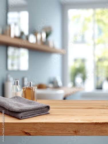Bathroom interior with wooden counter and folded towel for spa or hygiene product display, bright and airy, close-up