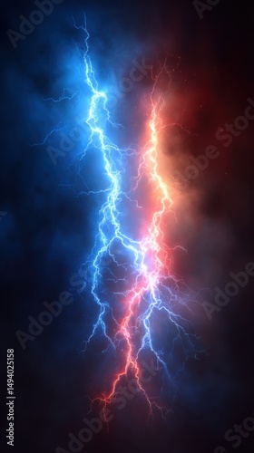 Dramatic Lightning Strikes in Blue and Red Tones Abstract Digital Art Vertical Composition Atmospheric Electricity Power