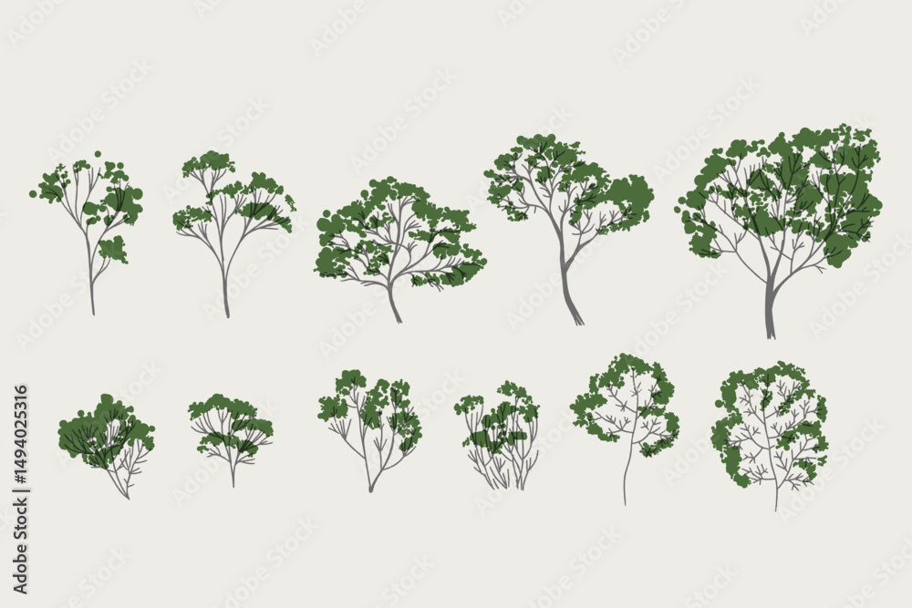 Fototapeta premium Set of trees vector graphic, background, clipart, facades, garden, landscape, nature.