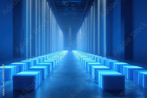 Abstract Tunnel of Blue Neon Lights and Cubes Perspective View in Modern Architecture Interior