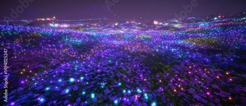 Night View of Glowing Flowers in Field with Mountain Backdrop, Wide Angle, Fantasy Landscape, Magical Ambiance, Purple and Blue Hues