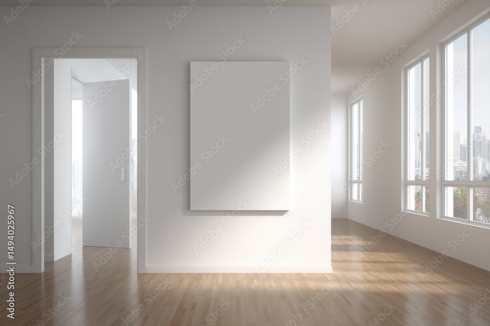 Obraz premium Bright Modern Interior with Blank Canvas on Wall, Open Door, and City View from Windows, Real Estate