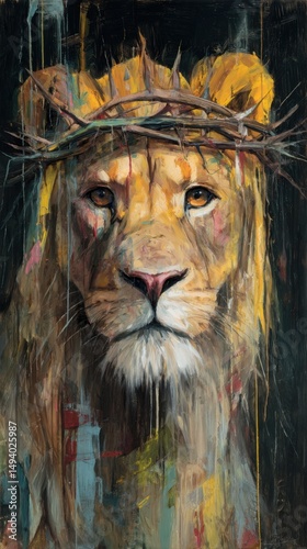 Lion King with Crown of Thorns Religious Art Painting Close Up Symbolism Faith Hope Redemption