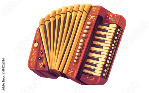 Accordion musical instrument featuring detailed keys and expandable bellows for traditional sound isolated on white background PNG