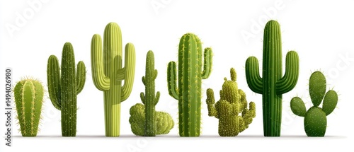 Array of Green Cacti Plants on White Background Studio Shot Desert Flora Botanical Illustration photo