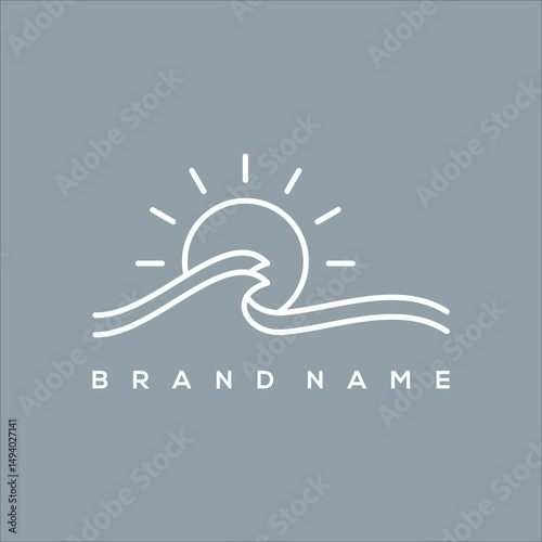 line art icon minimalist waves with sun logo vector