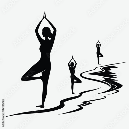 A yoga class in tree pose on a beach  image silhouette design vector art and illustration