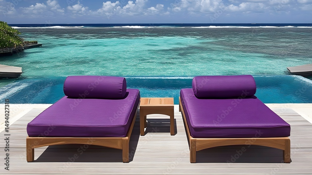 Fototapeta premium Luxury Purple Chaise Lounges by Pool Ocean View