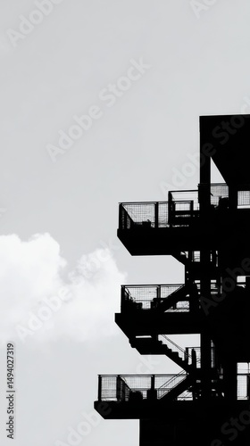Black and White Silhouette of Modern Building with Balconies and Stairs Against Cloudy Sky Minimalist Architecture