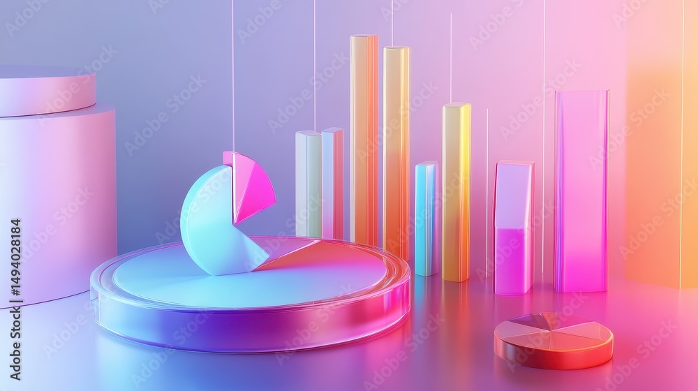 Data analysis concept, holographic pie and bar charts, 3D illustration.