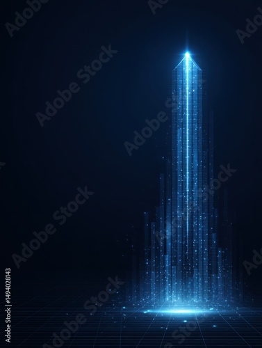 Ascending Light Beam Abstract Digital Futuristic Technology Concept Glowing Blue Data Stream on Grid Floor
