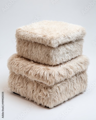 Stack of three beige faux fur cube ottomans in studio setting on white seamless background eye level product shot