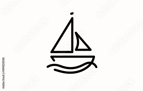 Outlined Illustration of a Sailboat with Triangular Sail on Waves Evoking Calm Adventure. minimalist vector logo
