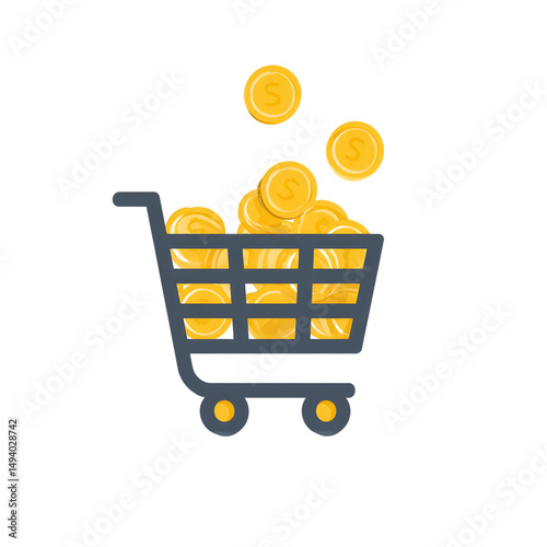 A shopping cart filled with gold coins and some coins floating above it on a black background
